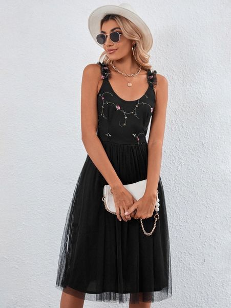 

frilled strap floral embroidered mesh overlay dress e5e5#, Black;gray