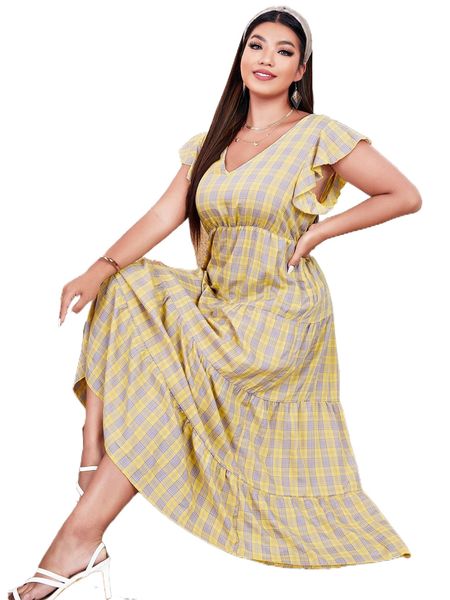 

plus plaid print butterfly sleeve ruffle hem dress 70uo#, Black