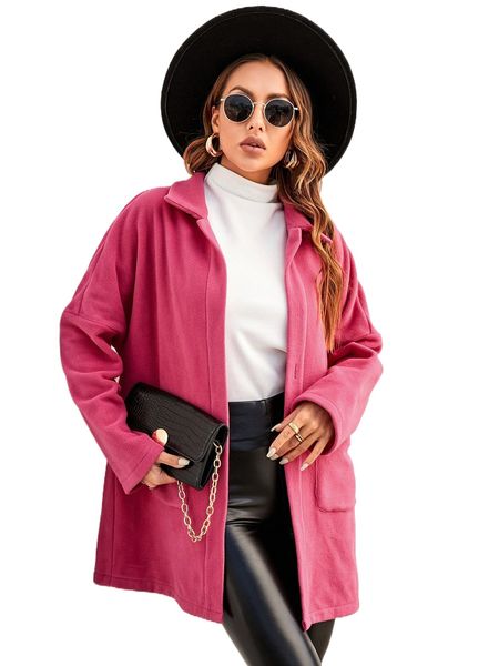 

drop shoulder dual pocket open front fleece coat g9ty#, Black