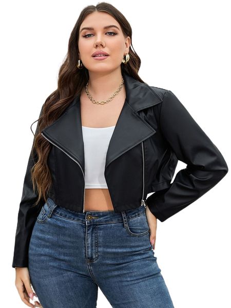 

plus lapel neck pu moto jacket x1o3#, Black