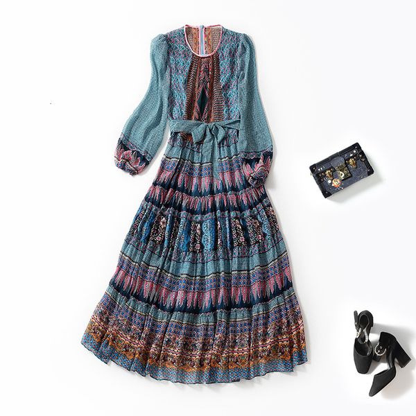 

casual dresses spring round neck long sleeve large swing printed silk dress women's high waist lace up mulberry 7y9w, Black;gray