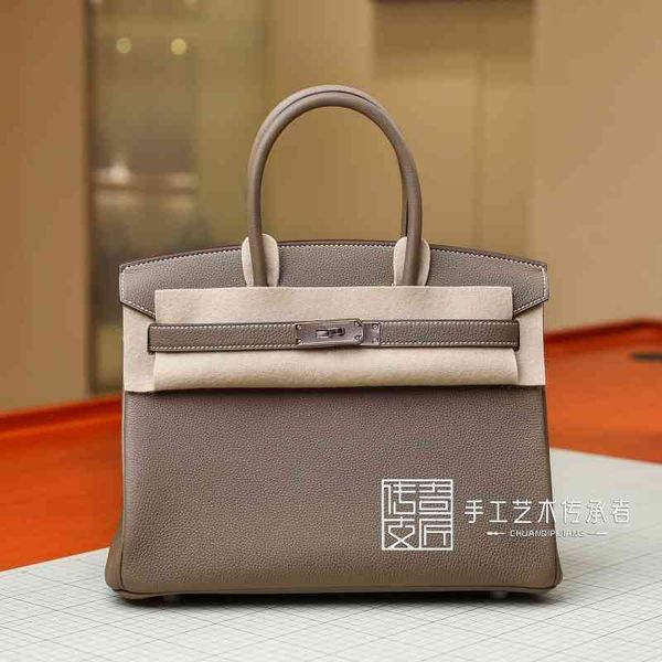 

herme 25cm 30cm 35cm birkins handbags designer pure manual wax thread sewing bag togo calf leather elephant grey silver buckle bk30cm herme