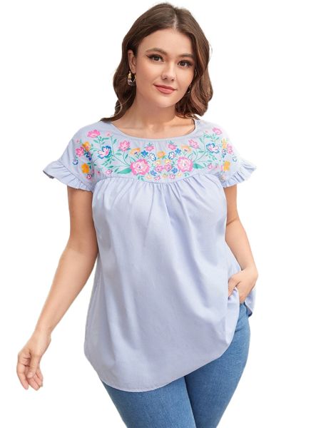 

plus striped & floral print ruffle cuff blouse c8fa#, Black