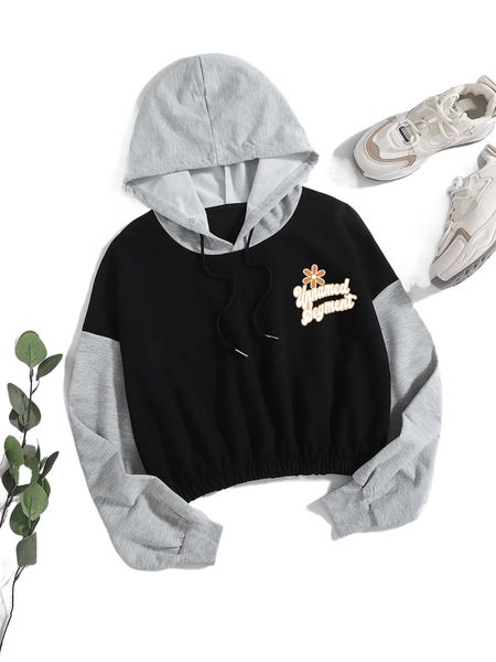 

floral & letter graphic two tone drawstring hoodie s7ax#, Black