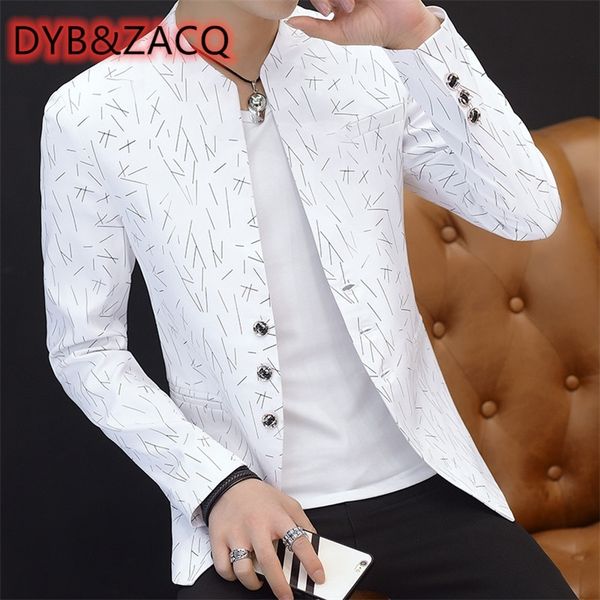 

men's suits blazers men's printed small suit male korean version of the self-cultivation stand-up collar chinese tunic casual suit, White;black
