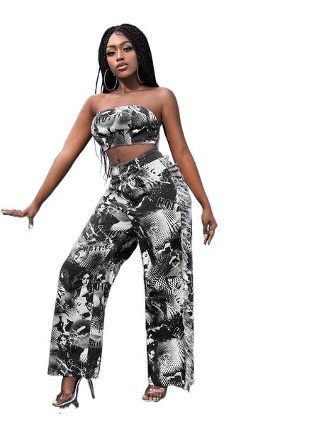 

sxy figure & letter graphic tube & pants set g3qz#, White
