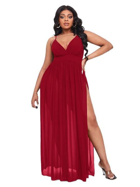 

sxy plus slit thigh chiffon cami dress without panty l3b8#, Black