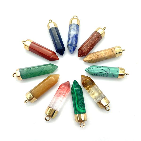 

colorful crystal stone hexagon cone charms pendant for jewelry making chakra reiki healing green aventurine pendants wholesale, Bronze;silver