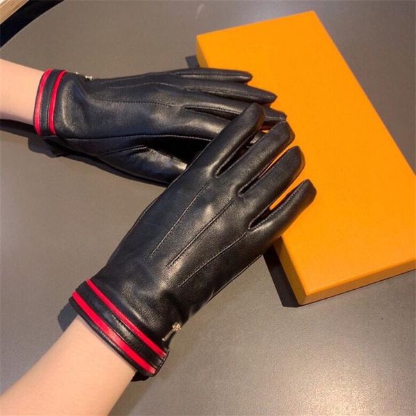 

leisure sheepskin leather mittens women warm gloves plus velvet designer metal letter mitten with gift box290z, Blue;gray