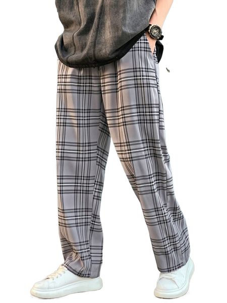 

men plaid drawstring waist pants 51oz#, Black