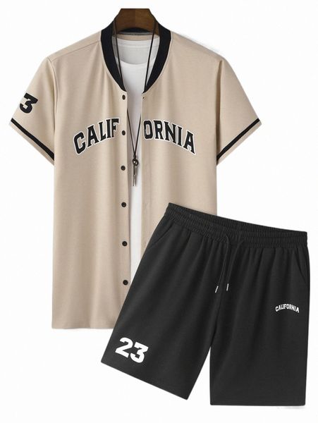 

men letter graphic shirt & shorts r3i0#, Gray