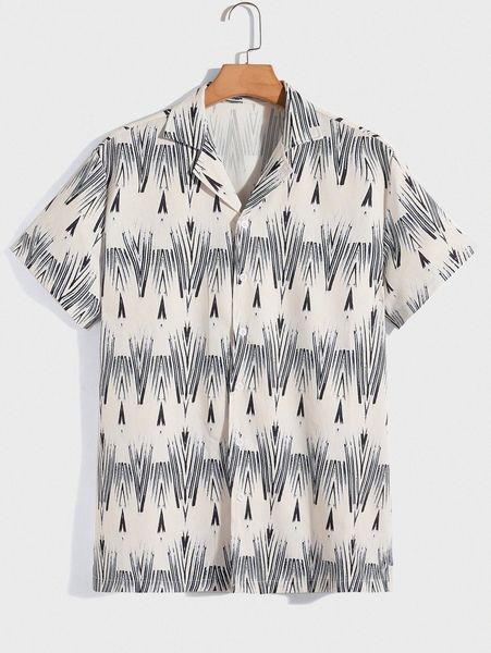 

romwe guys geo print lapel neck shirt y3m9#, White;black
