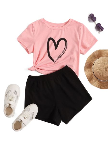 

plus heart print tee & elastic waist track shorts b41r#, Black