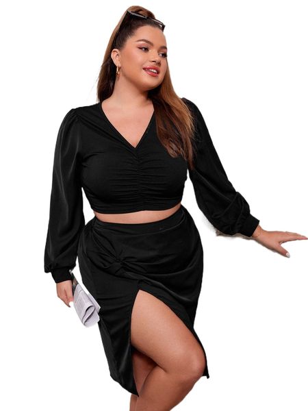 

plus bishop sleeve ruched & twist front slit skirt c79s#, Black