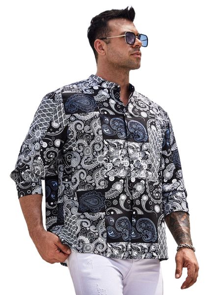 

extended sizes men paisley & patchwork print shirt o2el#, White;black