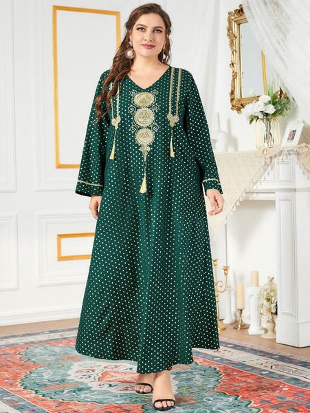 

plus golden dot print floral embroidered tassel detail dress q0et#, Black