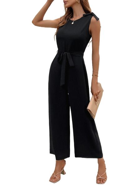 

bow shoulder wide leg belted jumpsuit s7mx#, Black;white