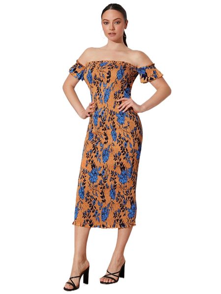 

floral print off shoulder shirred bodycon dress n39i#, Black;gray