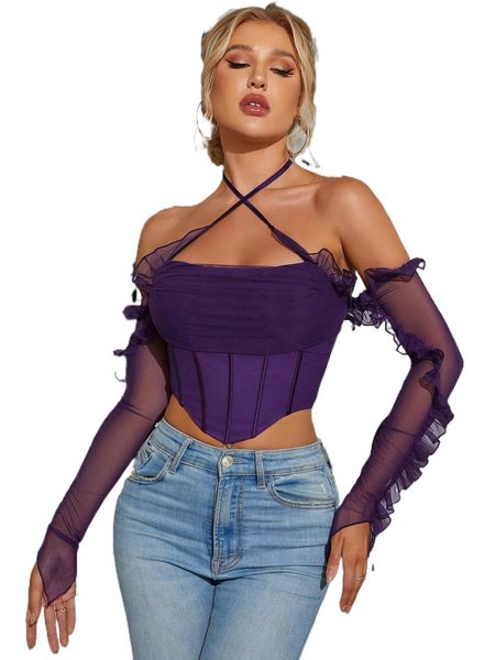 

parthea crisscross ruffle trim asymmetrical hem mesh w00k#, White