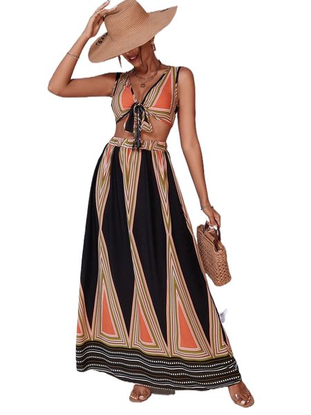 

geo print tie front crop & skirt d7n3#, White