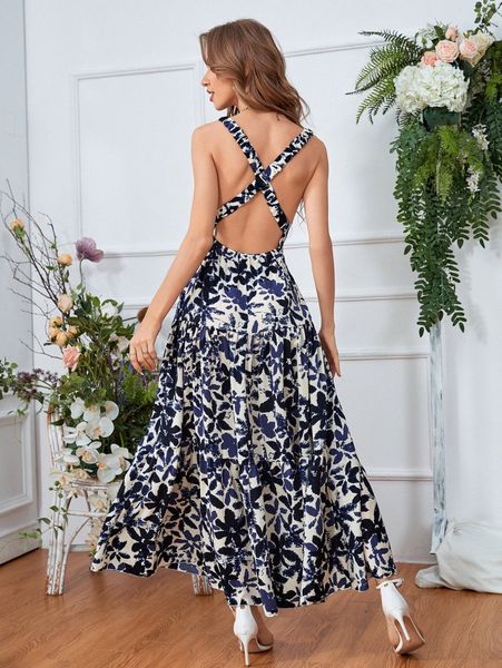 

floral print criss cross backless ruffle hem cami dress 04c6#, Black;gray