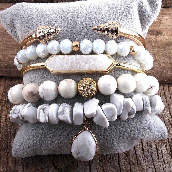 

rh fashion boho jewelry natural stone & druzy bangle 5pc bracelets sets for women bohemian jewelryes gift dropship, Golden;silver