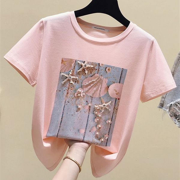 Rose été t-shirt haut pour Femme blanc t-shirt femmes vêtements coréens à manches courtes décontracté violet paillettes diamant t-shirt Femme 220608