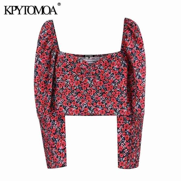 

kpytomoa women fashion floral print cropped blouses women vintage v neck long sleeve back elastic female shirts chic 210412, White