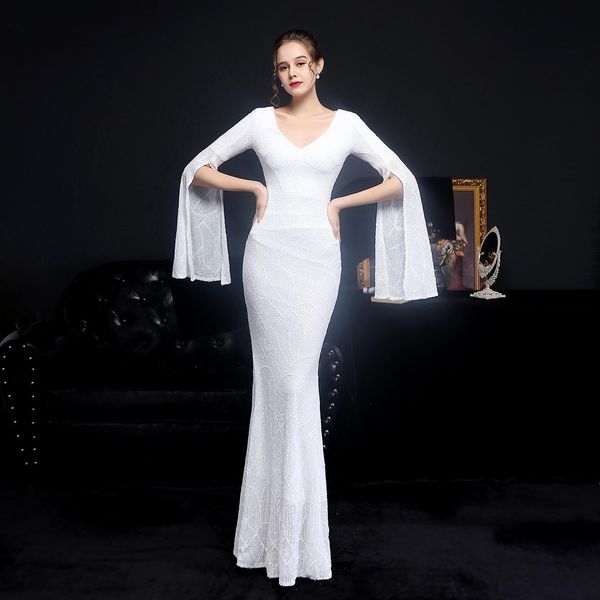 Vestido de festas maxi de festas elegantes brancos vestidos de lantejouno de noite de manga longa de manga longa e tamanho 5xl