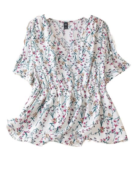 

plus floral print v-neck peplum blouse p8dw#, Black