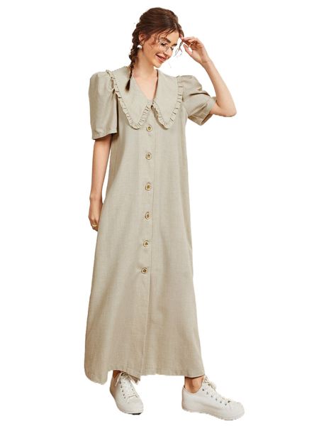 

statement collar puff sleeve dress 5009#, Black;gray