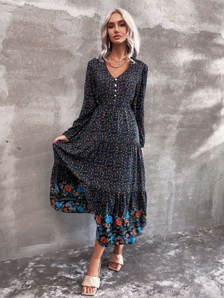 

v neck floral print button detail lantern sleeve dress b1ga#, Black;gray