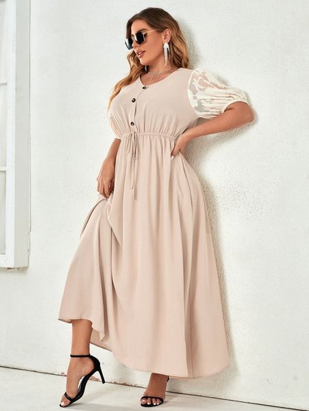 

plus contrast puff sleeve knot waist half button dress n5qi#, Black