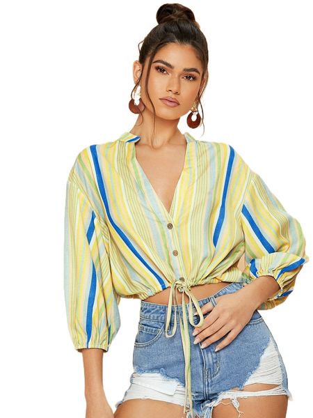 

button front drawstring hem striped blouse p4cb#, White