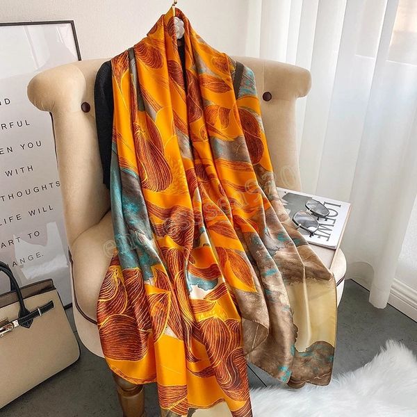 

flower print scarves bandannas women fashion 180x90cm beach towel satin long shawls 2022 four seasons silk scarves, Blue;gray