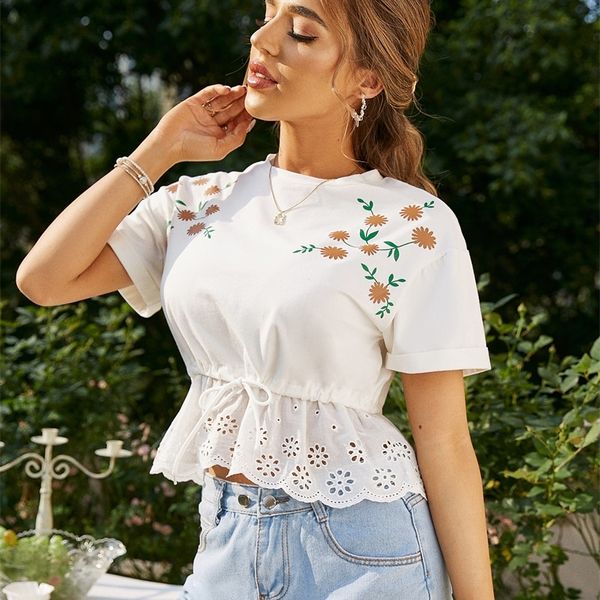 Casual Cotton Floral Women Summer Tshirts White Holiday High Emlecdery Tees Short Lace Up Fashion Tops 220608