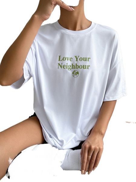 

drop shoulder slogan & cartoon graphic tee r4vp#, White