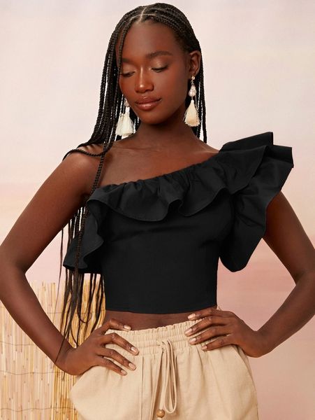 

one shoulder exaggerated ruffle 96ir#, White