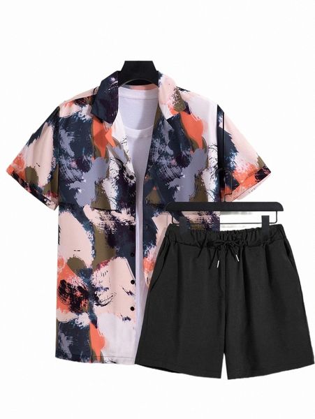 

men graphic print shirt & drawstring waist shorts without tee f0lr#, Gray