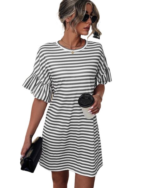 

striped print flounce sleeve tee dress o9jx#, Black;gray