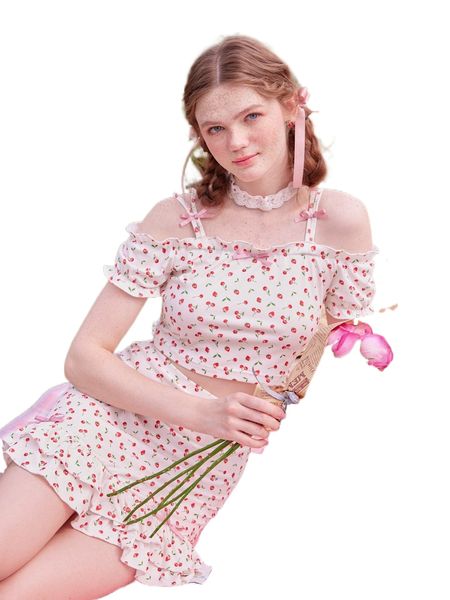 

kawaii cherry print cold shoulder tee & ruffle hem skirt e4fo#, White