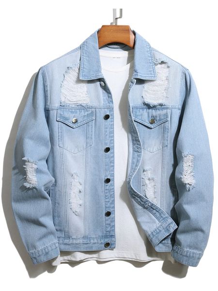 

men bleach wash ripped frayed denim jacket without tee i2sn#, Black;brown