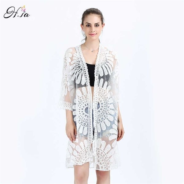 HSA Protezione solare Camicetta Kimono Camicia lunga Pizzo bianco Donna Top Pizzo Protezione solare Abbigliamento Poncho estivo Cardigan 210716