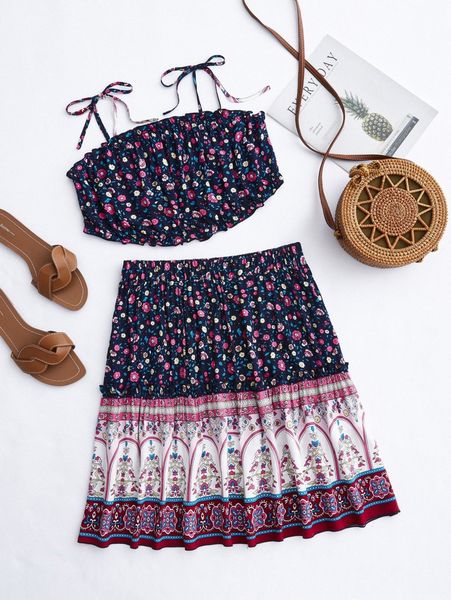 

plus floral print frill trim knot shoulder crop cami with skirt n7jb#, Black