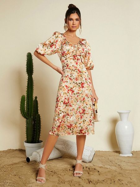 

floral print tie ruched bust front puff sleeve satin dress d0xb#, Black;gray