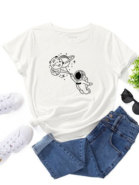 

planet & spaceman print tee l5a7#, White