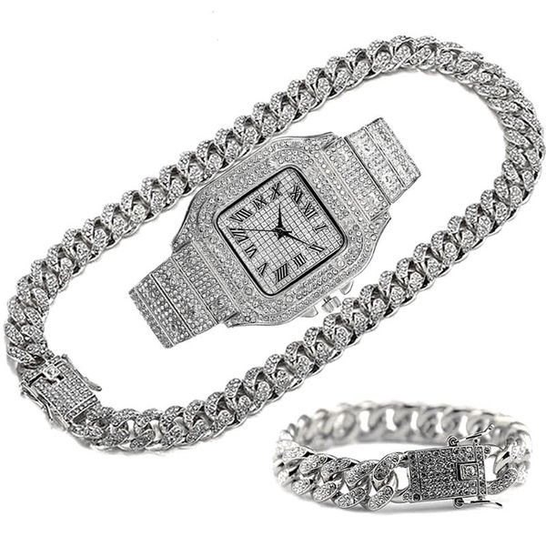 Ketten Luxus Iced Out Kette für Männer Frauen HipHop Miami Bling Cuban Big Gold Halskette Uhr Armband Strass SchmuckKetten