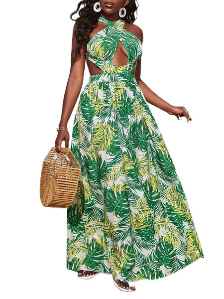 

sxy tropical print cut out crisscross back halter neck dress v4dn#, Black;gray