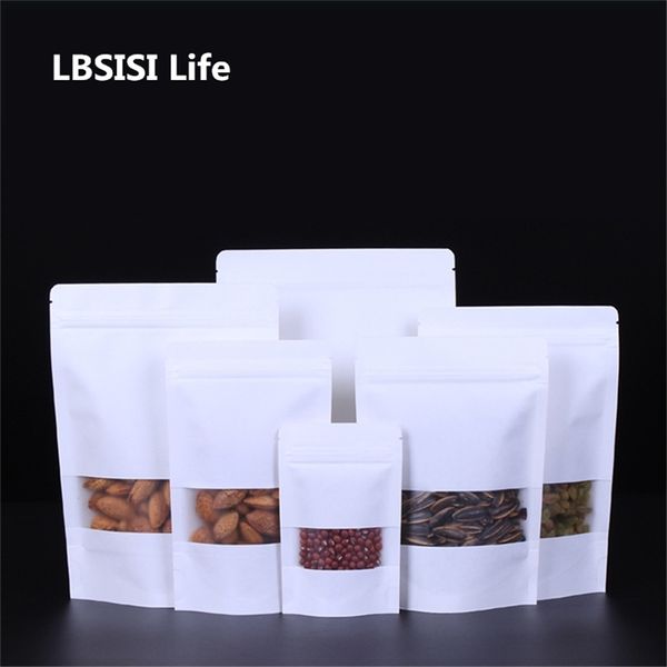 LBSISI Life 100 Stück weiße Kraftpapiertüte mit Fenster, gefrostet, mit Reißverschluss, für Lebensmittel, Snacks, Tee, Süßigkeiten, Öl, wasserdicht, Verpackung, Papiertüte 201021