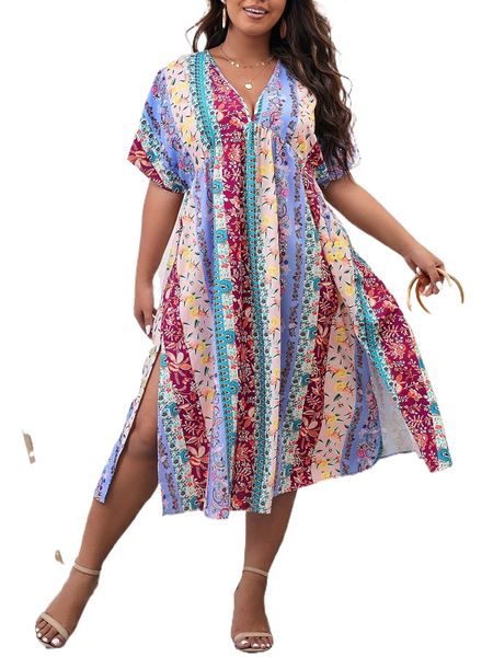 

plus paisley and floral print split thigh dress t88l#, Black